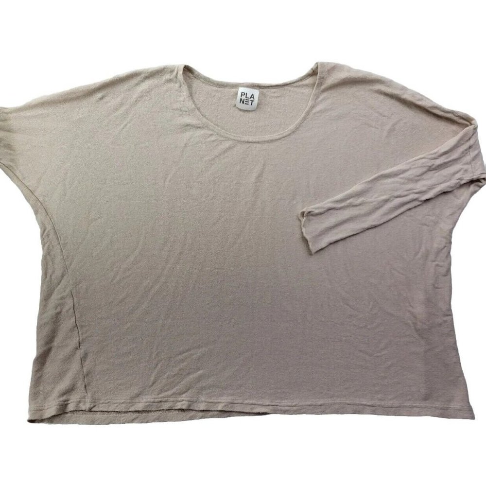 PLANET by Lauren G Taupe Linen Pima Cotton Relaxed Boho Top OS Lagenlook *Read